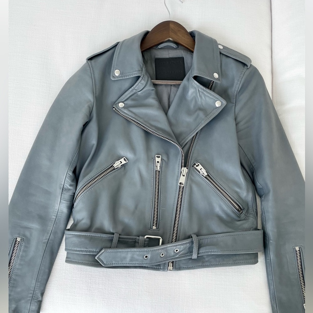 All Saints Balfern Leather Biker Jacket blue gray (100% genuine sheep leather)